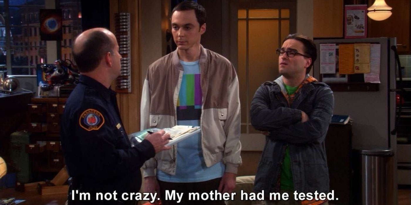Sheldon and Leonard from The Big Bang Theory facing a police officer, with the caption I'm not crazy. My mother had me tested.