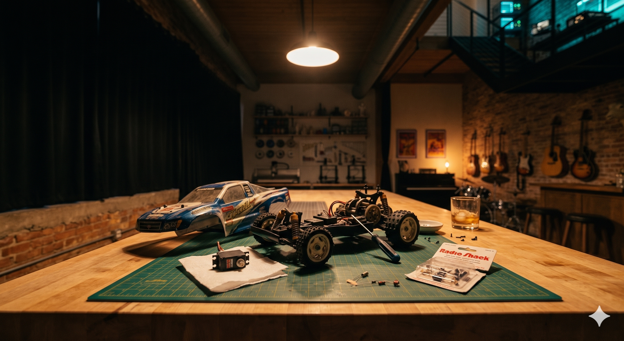 ‘ RC car halfway apart, Radio Shack parts on the mat, somebody walked away.’