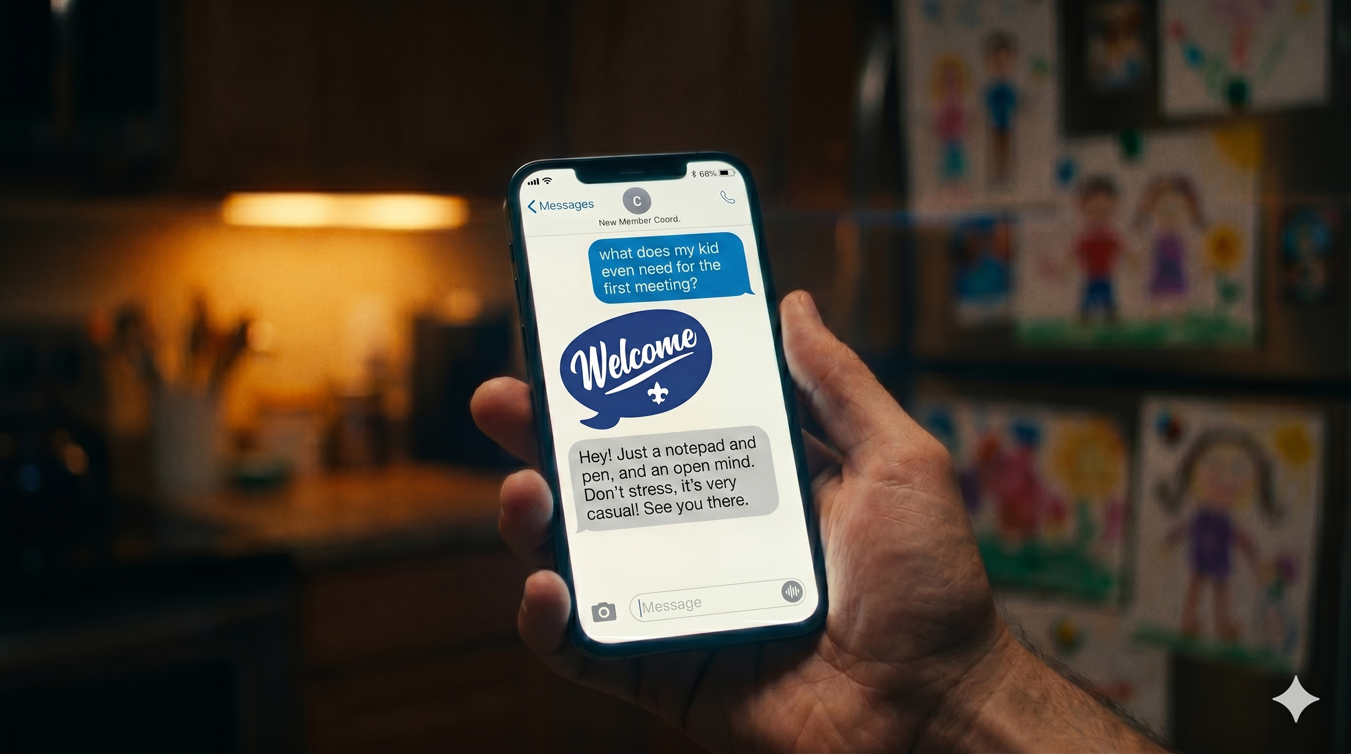 A parent's phone in a dim kitchen, a pack's "Welcome" reply on the screen.