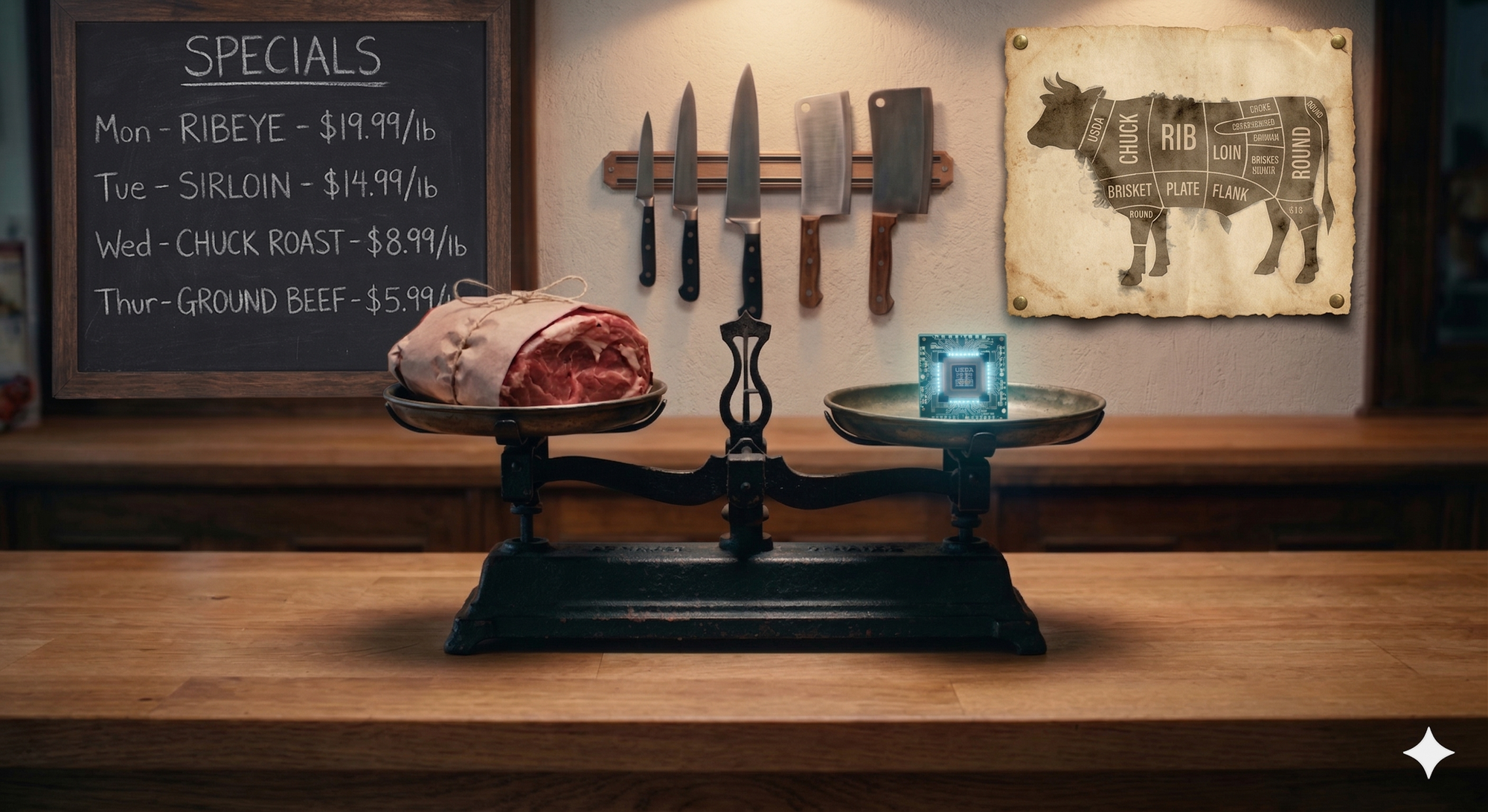 Butcher shop balance scale weighing a paper-wrapped cut of meat against a glowing computer chip, with a chalkboard specials list and knives on the wall behind.