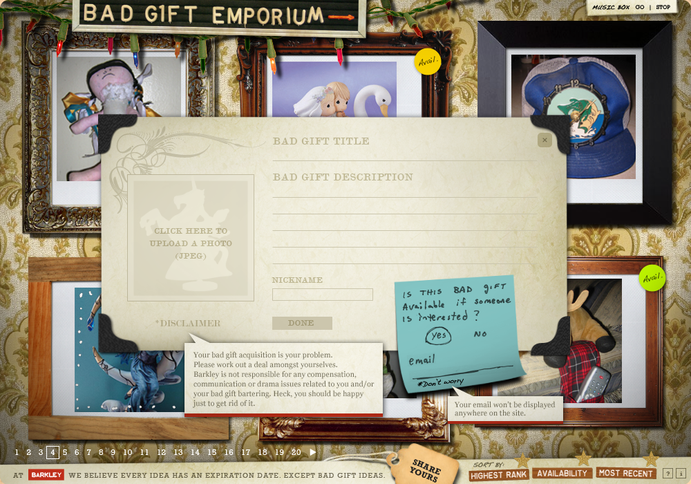 The Bad Gift Emporium homepage design comp: damask wallpaper hung with mismatched gold frames of bad gifts, a hand-lettered sign, Christmas lights, and an open upload form for submitting your own bad gift.