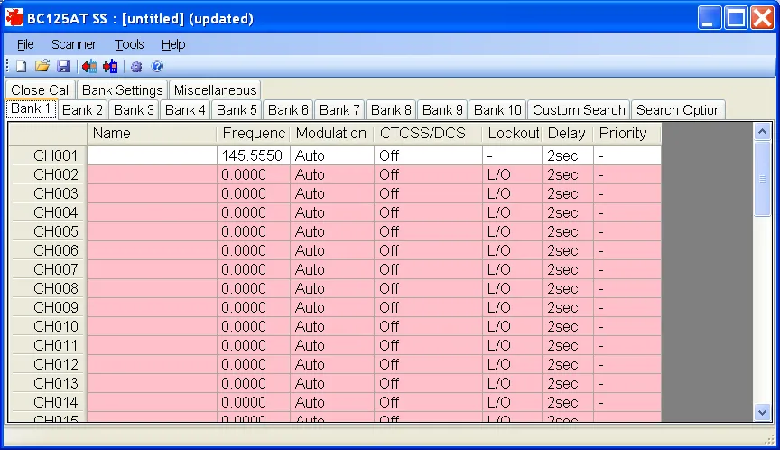 The stock Uniden BC125AT programming software: a Windows XP-era spreadsheet grid with a row per channel and columns for Name, Frequency, Modulation, CTCSS/DCS, Lockout, Delay, and Priority, nearly every cell blank or zeroed and waiting to be typed in by hand.