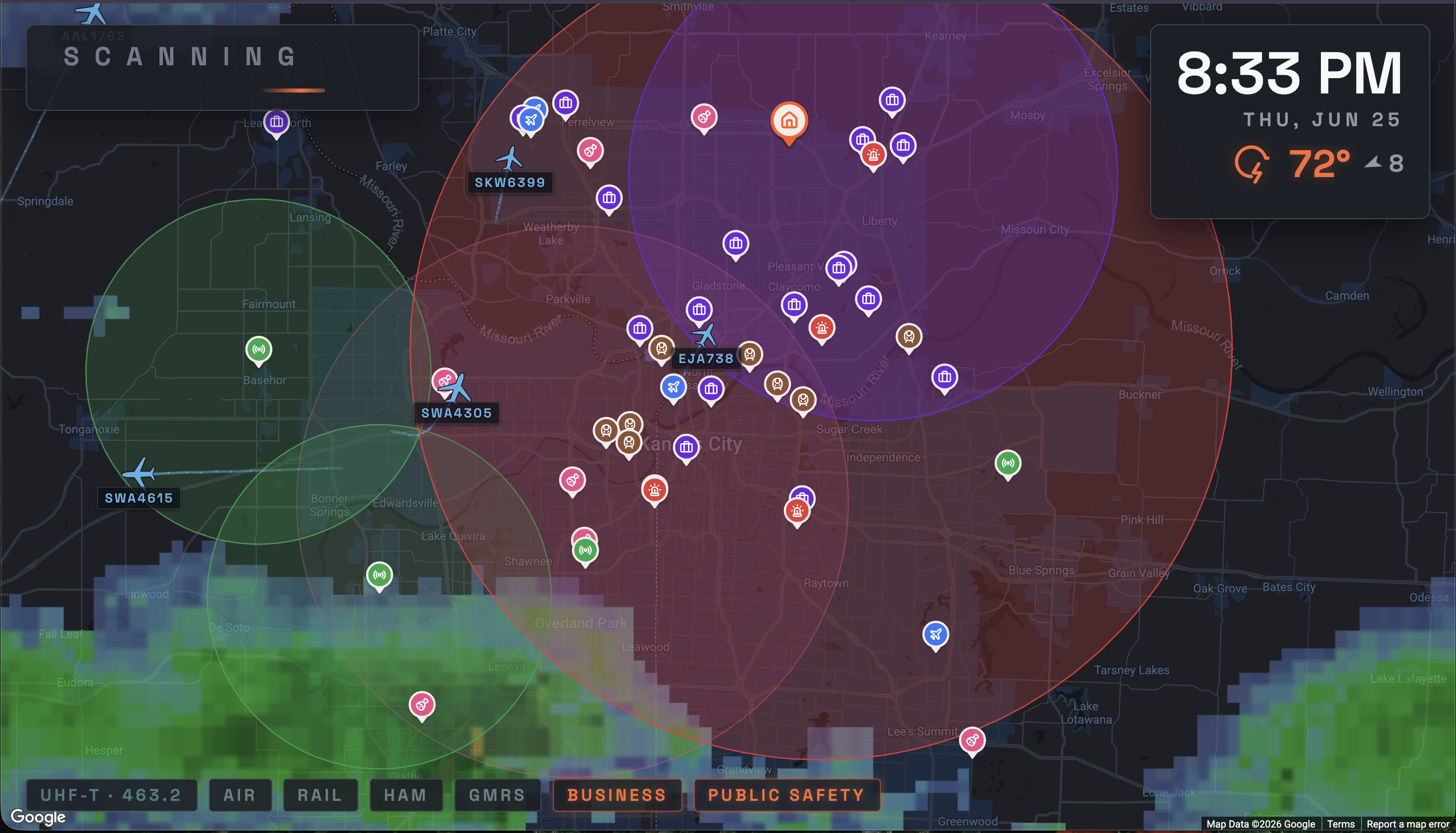The Kerchunk Kiosk dashboard: a dark map of the Kansas City metro at 8:33 PM, 72 degrees, scattered with service-colored radio pins, ADS-B aircraft tracks tagged with flight numbers, and weather radar bleeding across the southwest.
