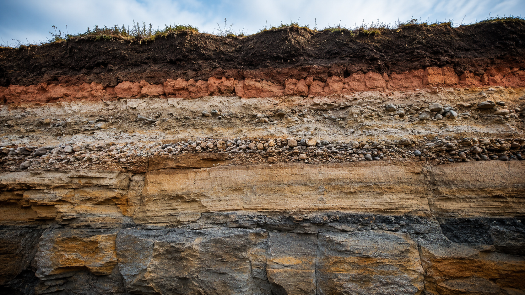 Stylized cross-section of layered earth — universal, domain, component, and role strata.