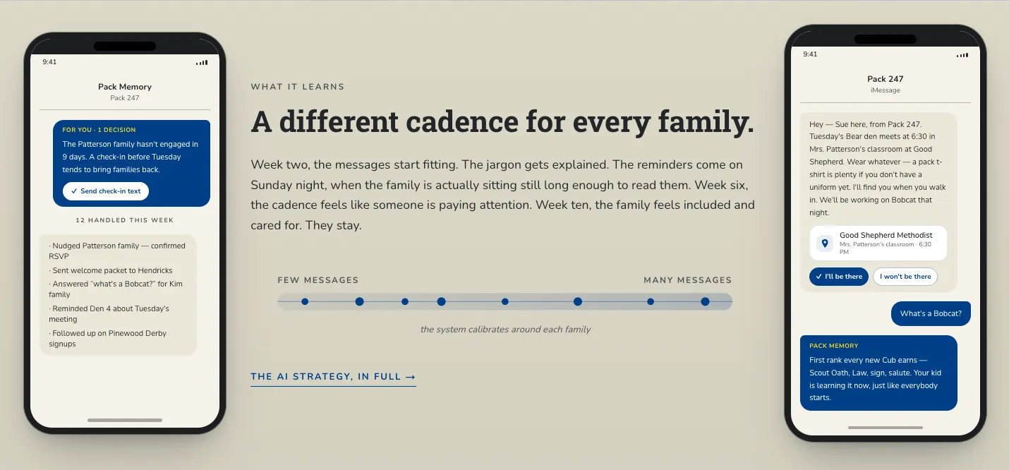 Two phones showing the same pack's messages at different cadences — one family getting a few, another getting many.