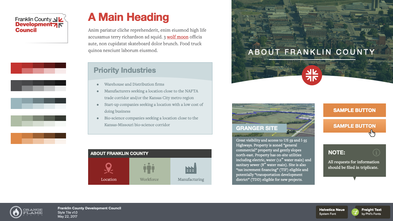 FCDC style tile v1: the county-outline logo, a red-and-earth palette, a Priority Industries list, and an About Franklin County card with Location, Workforce, and Manufacturing icons.